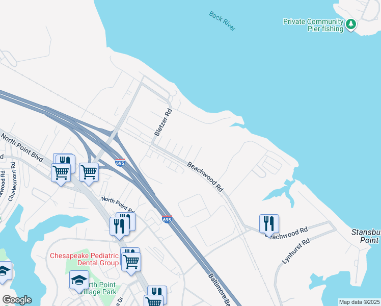map of restaurants, bars, coffee shops, grocery stores, and more near 711 Gregwood Court in Dundalk