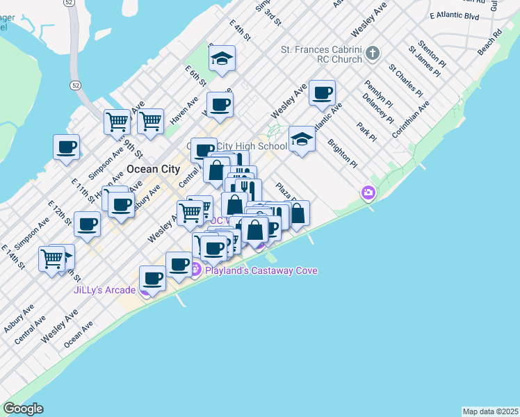 map of restaurants, bars, coffee shops, grocery stores, and more near 807 East 8th Street in Ocean City
