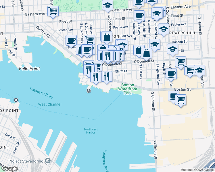 map of restaurants, bars, coffee shops, grocery stores, and more near 2400 Boston Street in Baltimore