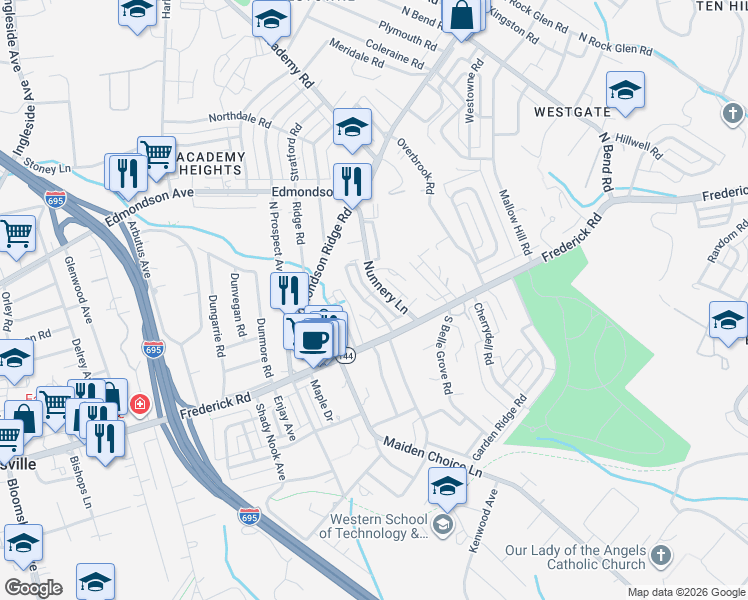 map of restaurants, bars, coffee shops, grocery stores, and more near 29 North Symington Avenue in Catonsville