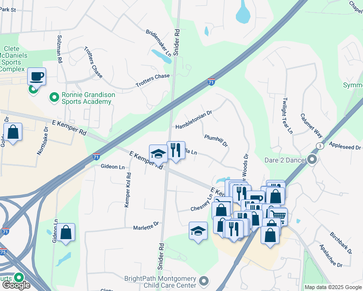 map of restaurants, bars, coffee shops, grocery stores, and more near 8316 Patrilla Lane in Cincinnati