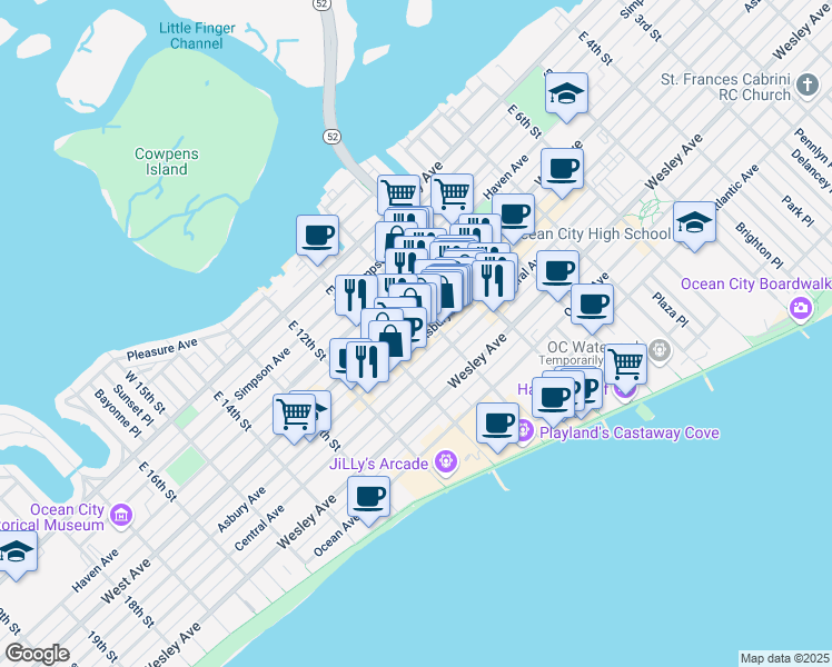 map of restaurants, bars, coffee shops, grocery stores, and more near 1020 Asbury Avenue in Ocean City