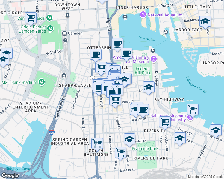 map of restaurants, bars, coffee shops, grocery stores, and more near 1030 Light Street in Baltimore