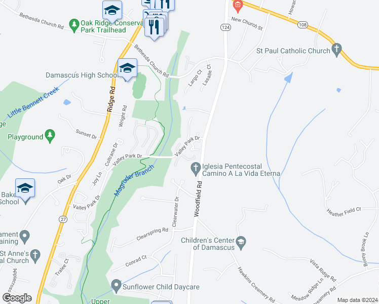 map of restaurants, bars, coffee shops, grocery stores, and more near 25 Valley Park Court in Damascus