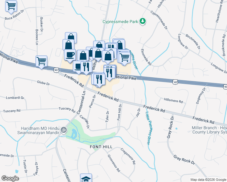 map of restaurants, bars, coffee shops, grocery stores, and more near 9937 Oak Lea Court in Ellicott City