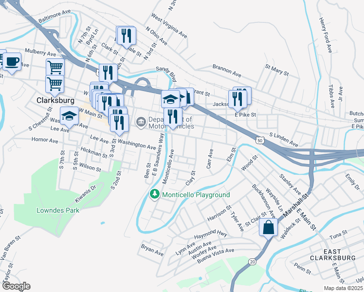 map of restaurants, bars, coffee shops, grocery stores, and more near 222 South Maple Avenue in Clarksburg
