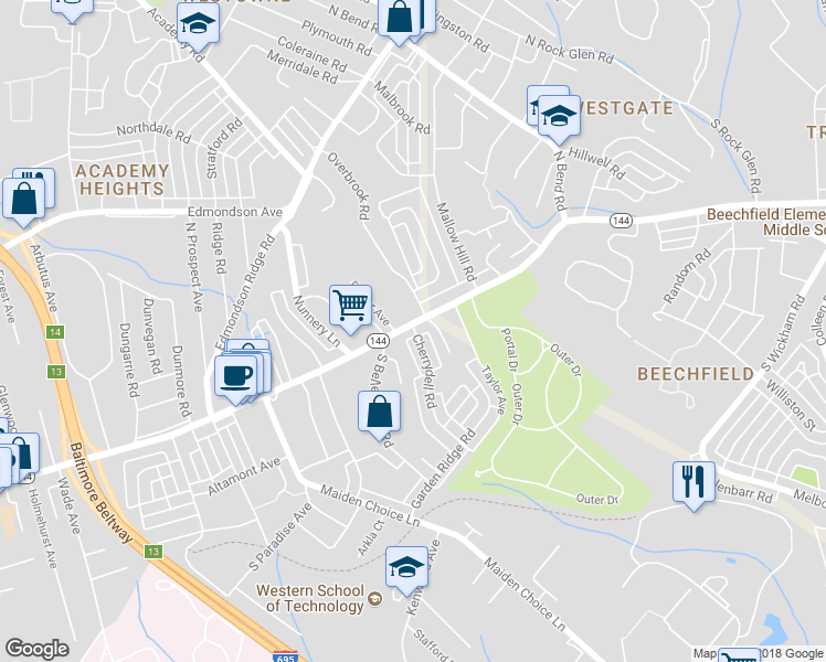 map of restaurants, bars, coffee shops, grocery stores, and more near 106 Cherrydell Road in Catonsville