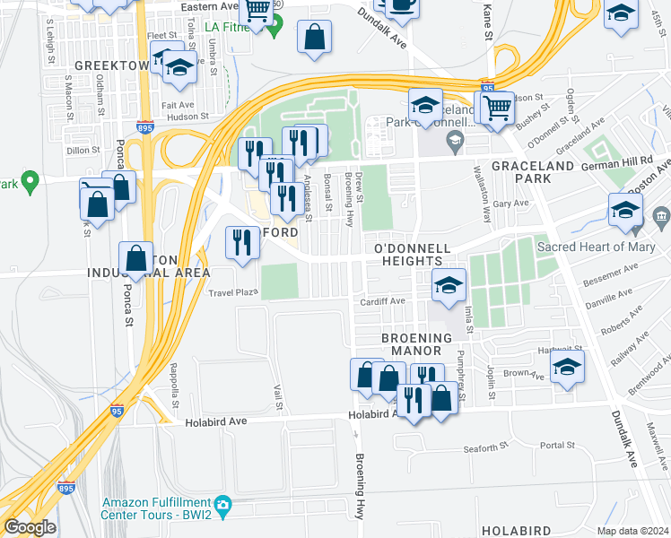 map of restaurants, bars, coffee shops, grocery stores, and more near 1409 Bonsal Street in Baltimore
