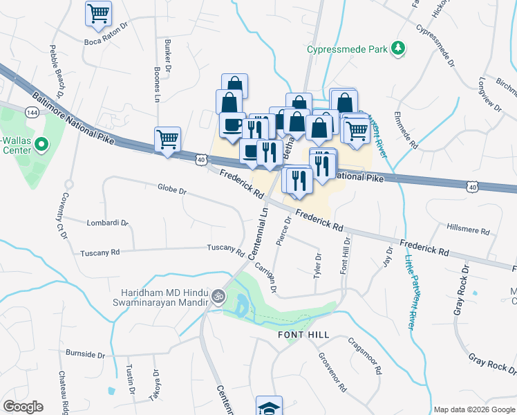map of restaurants, bars, coffee shops, grocery stores, and more near 10101 Frederick Road in Ellicott City