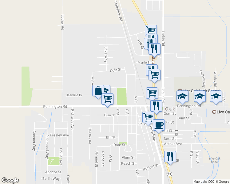 map of restaurants, bars, coffee shops, grocery stores, and more near 10110 P Street in Live Oak