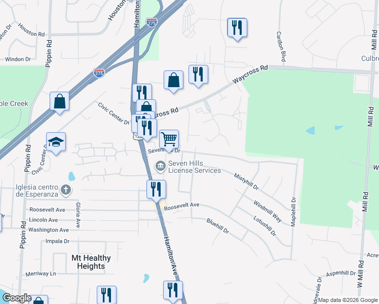 map of restaurants, bars, coffee shops, grocery stores, and more near 2116 Sevenhills Drive in Cincinnati