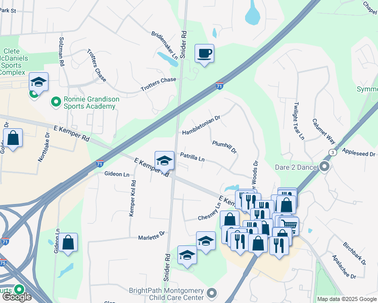map of restaurants, bars, coffee shops, grocery stores, and more near 8316 Patrilla Lane in Cincinnati