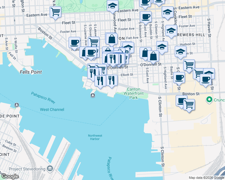 map of restaurants, bars, coffee shops, grocery stores, and more near 2809 Boston Street in Baltimore