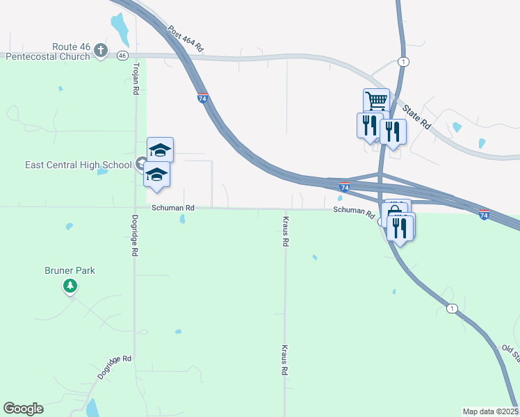 map of restaurants, bars, coffee shops, grocery stores, and more near 8356 Schuman Road in Brookville