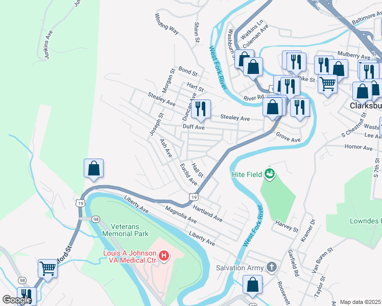 map of restaurants, bars, coffee shops, grocery stores, and more near 217 Carpenter St in Clarksburg