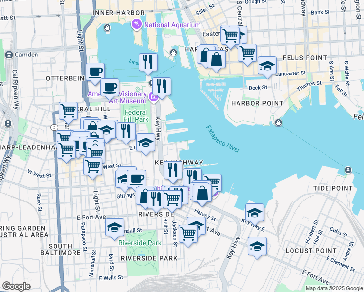 map of restaurants, bars, coffee shops, grocery stores, and more near 100 Harborview Drive in Baltimore