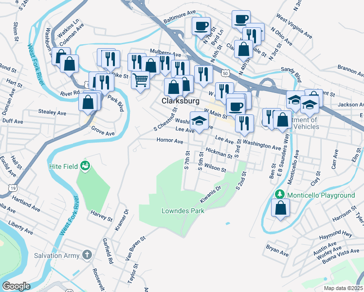 map of restaurants, bars, coffee shops, grocery stores, and more near 455 Hornor Avenue in Clarksburg