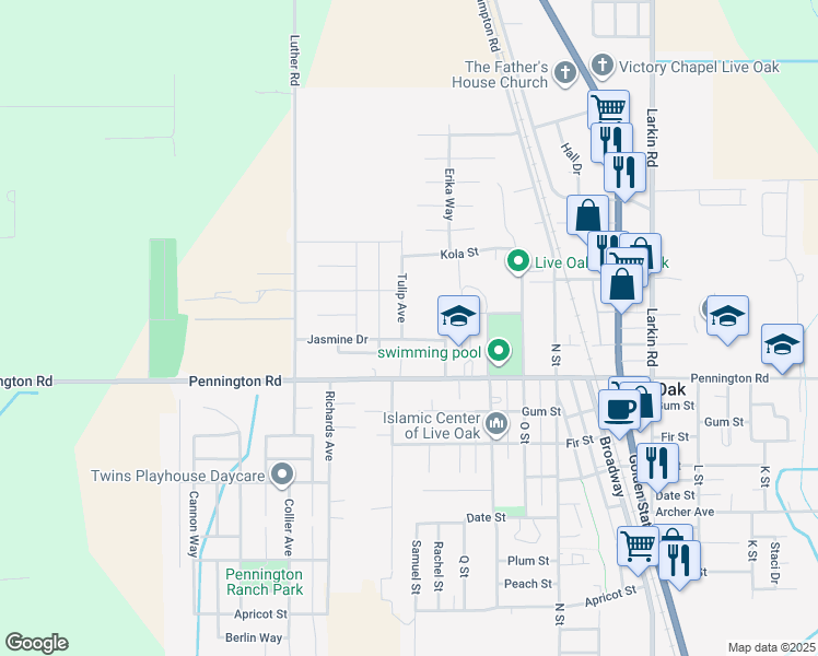 map of restaurants, bars, coffee shops, grocery stores, and more near 10101 Tulip Avenue in Live Oak
