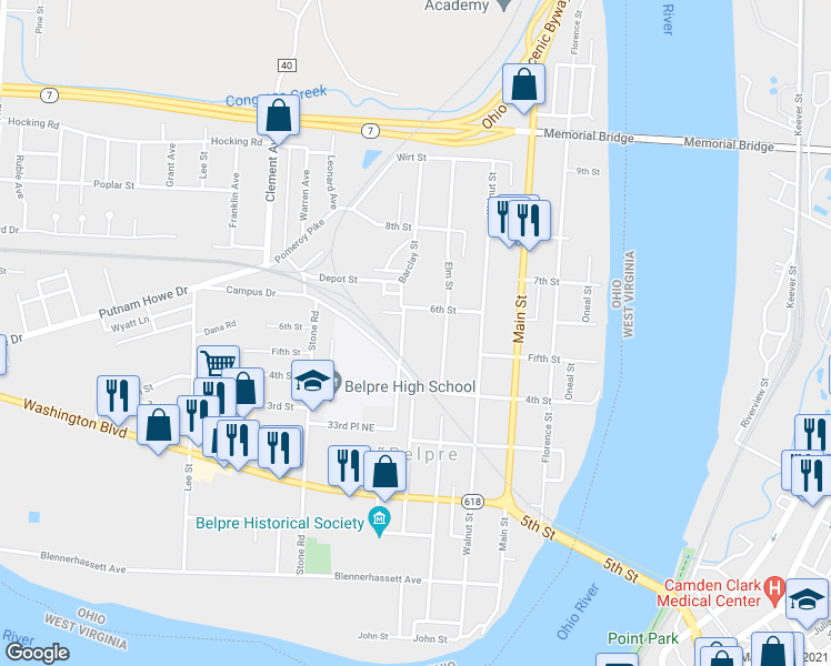 map of restaurants, bars, coffee shops, grocery stores, and more near 510C Barclay St in Belpre