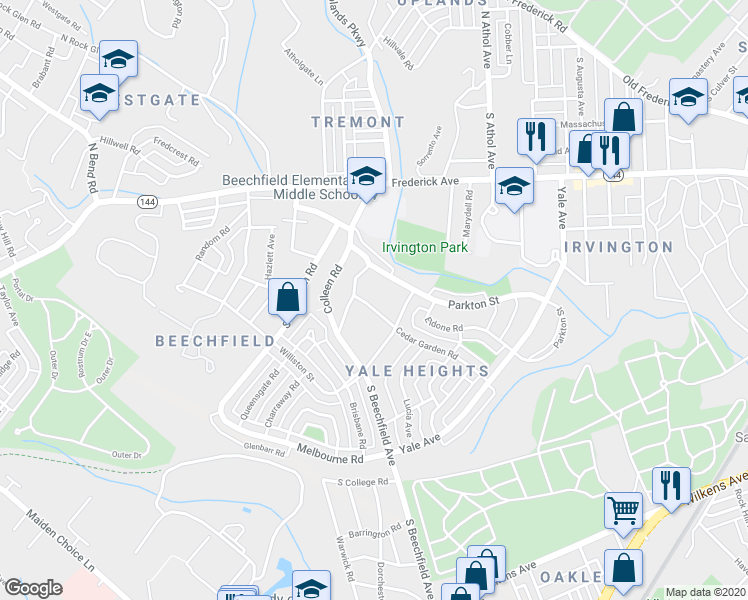 map of restaurants, bars, coffee shops, grocery stores, and more near 4606 Cedar Garden Road in Baltimore