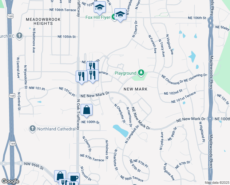 map of restaurants, bars, coffee shops, grocery stores, and more near 3000 Northeast 108th Street in Kansas City