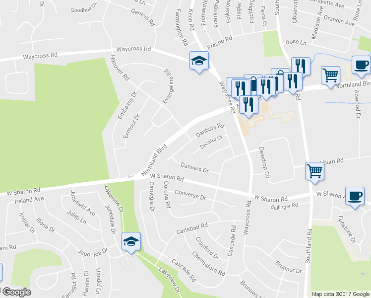 map of restaurants, bars, coffee shops, grocery stores, and more near 781 Danbury Road in Cincinnati