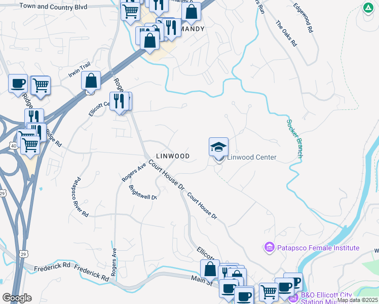 map of restaurants, bars, coffee shops, grocery stores, and more near 3395 Poplar Drive in Ellicott City