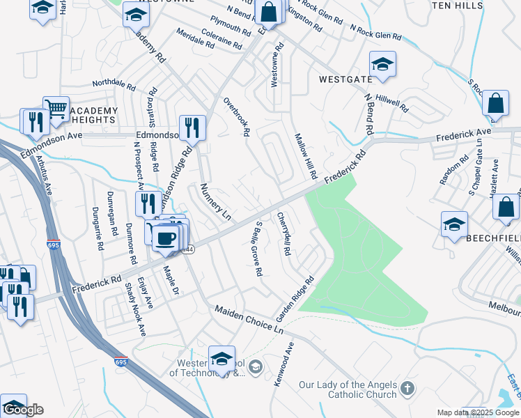 map of restaurants, bars, coffee shops, grocery stores, and more near 6204 Frederick Road in Catonsville