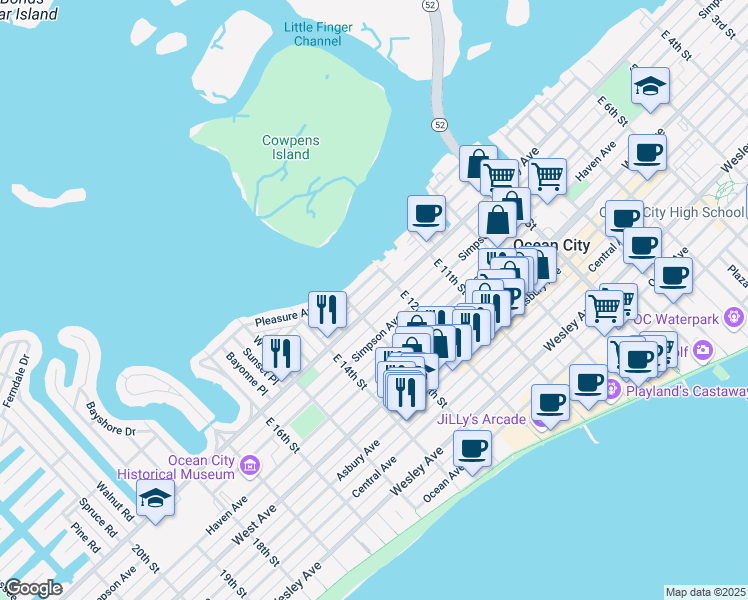map of restaurants, bars, coffee shops, grocery stores, and more near 1230 Bay Avenue in Ocean City