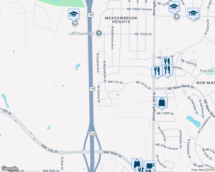 map of restaurants, bars, coffee shops, grocery stores, and more near 10123 N Wyandotte St in Kansas City