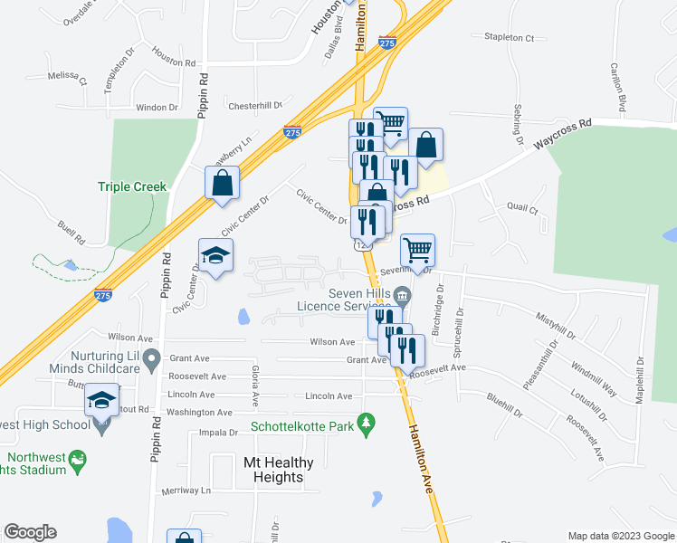 map of restaurants, bars, coffee shops, grocery stores, and more near 2301 Walden Glen Circle in Cincinnati
