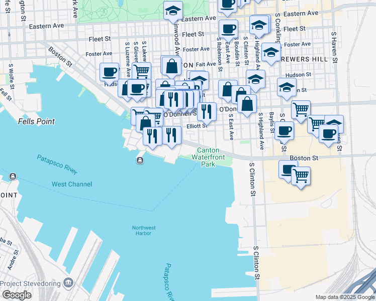 map of restaurants, bars, coffee shops, grocery stores, and more near 2901 Boston Street in Baltimore