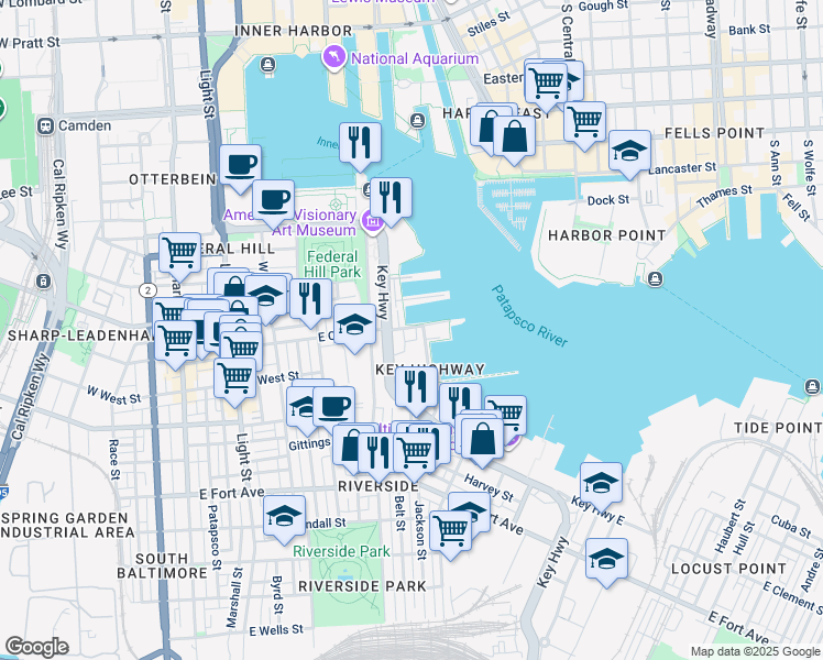map of restaurants, bars, coffee shops, grocery stores, and more near Pierside Drive in Baltimore
