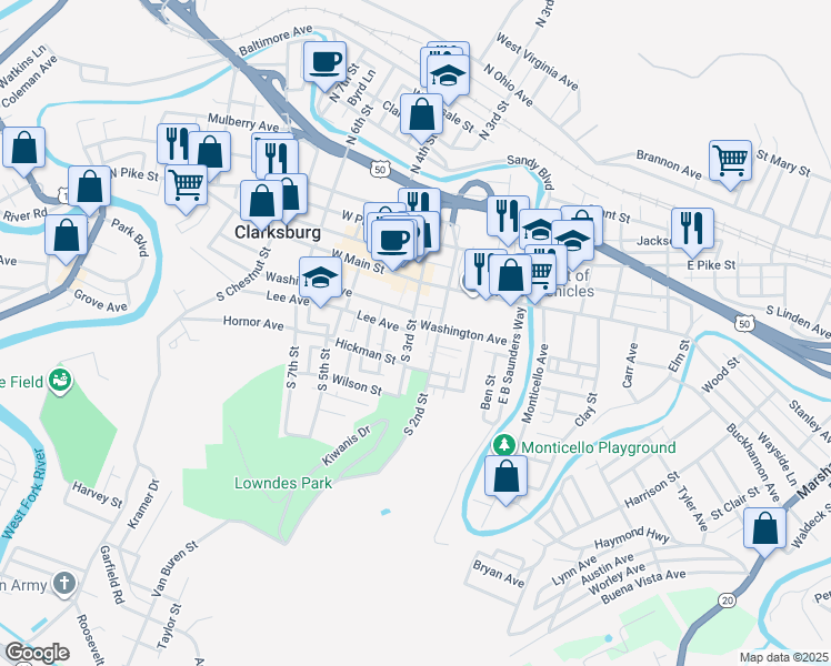 map of restaurants, bars, coffee shops, grocery stores, and more near 314 S 2nd St in Clarksburg