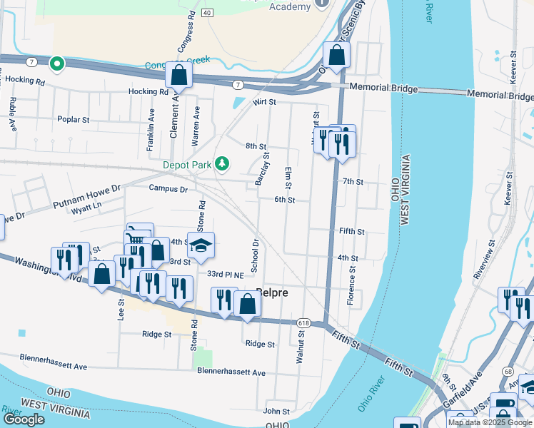 map of restaurants, bars, coffee shops, grocery stores, and more near 510C Barclay Street in Belpre