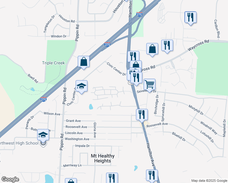 map of restaurants, bars, coffee shops, grocery stores, and more near 2437 Walden Glen Circle in Cincinnati