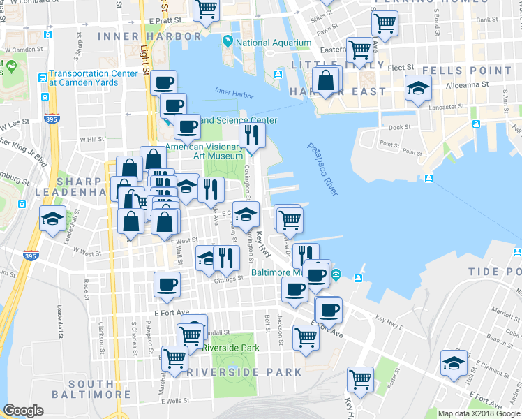 map of restaurants, bars, coffee shops, grocery stores, and more near 319 Pierside Drive in Baltimore