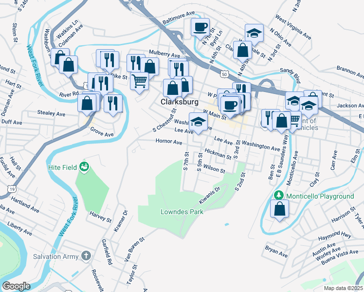 map of restaurants, bars, coffee shops, grocery stores, and more near 455 Hornor Ave in Clarksburg