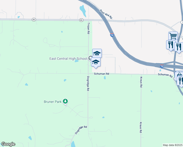 map of restaurants, bars, coffee shops, grocery stores, and more near 8356 Schuman Road in Brookville