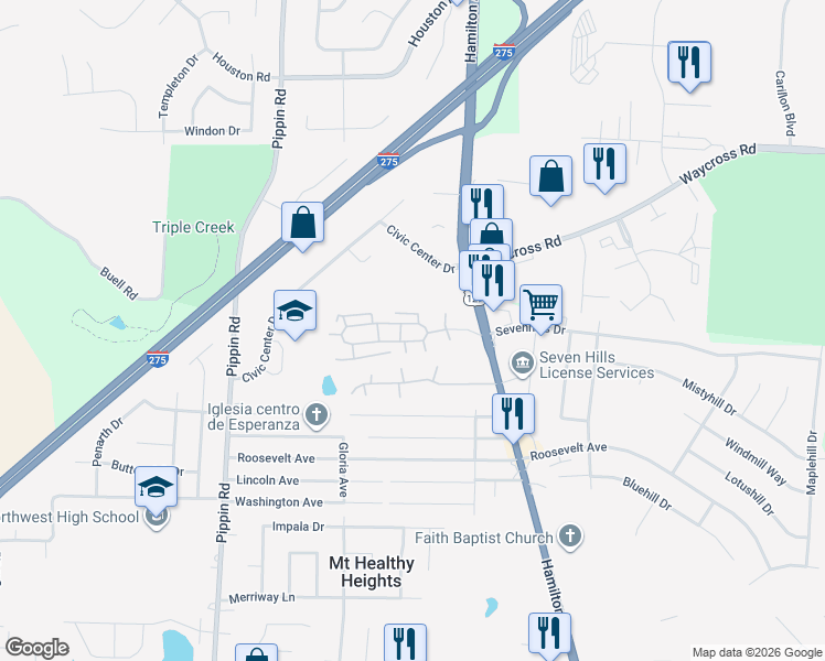 map of restaurants, bars, coffee shops, grocery stores, and more near 2300 Walden Glen Circle in Cincinnati