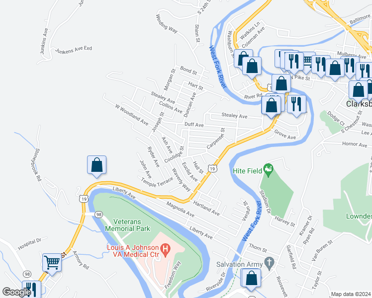 map of restaurants, bars, coffee shops, grocery stores, and more near 124 Hall Street in Clarksburg