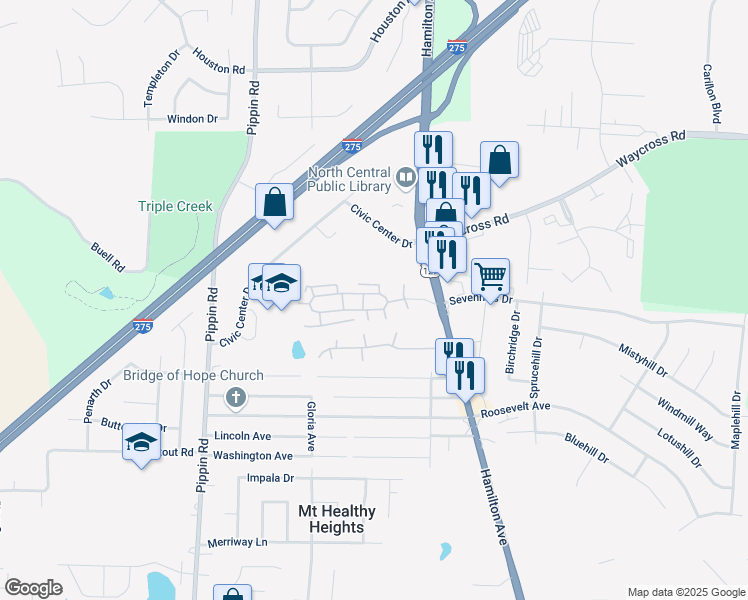 map of restaurants, bars, coffee shops, grocery stores, and more near 2437 Walden Glen Circle in Cincinnati