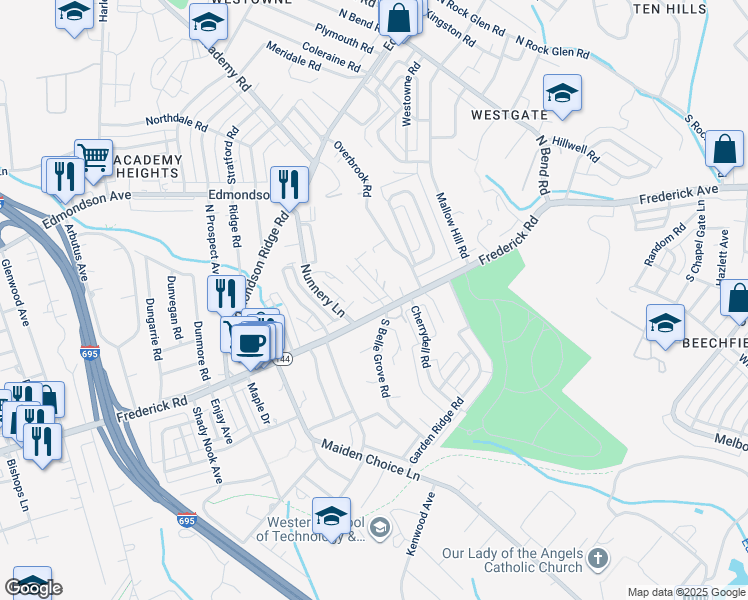 map of restaurants, bars, coffee shops, grocery stores, and more near 4 North Belle Grove Road in Catonsville