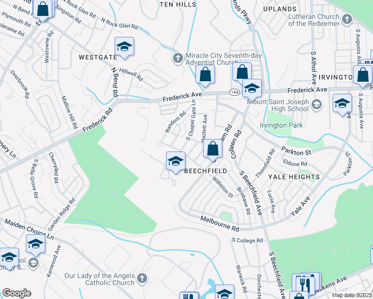 map of restaurants, bars, coffee shops, grocery stores, and more near 505 South Chapel Gate Lane in Baltimore