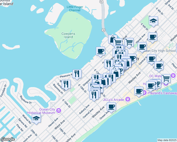 map of restaurants, bars, coffee shops, grocery stores, and more near 1230 Bay Avenue in Ocean City