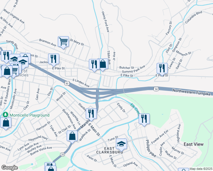 map of restaurants, bars, coffee shops, grocery stores, and more near 111 Brown Street in Clarksburg
