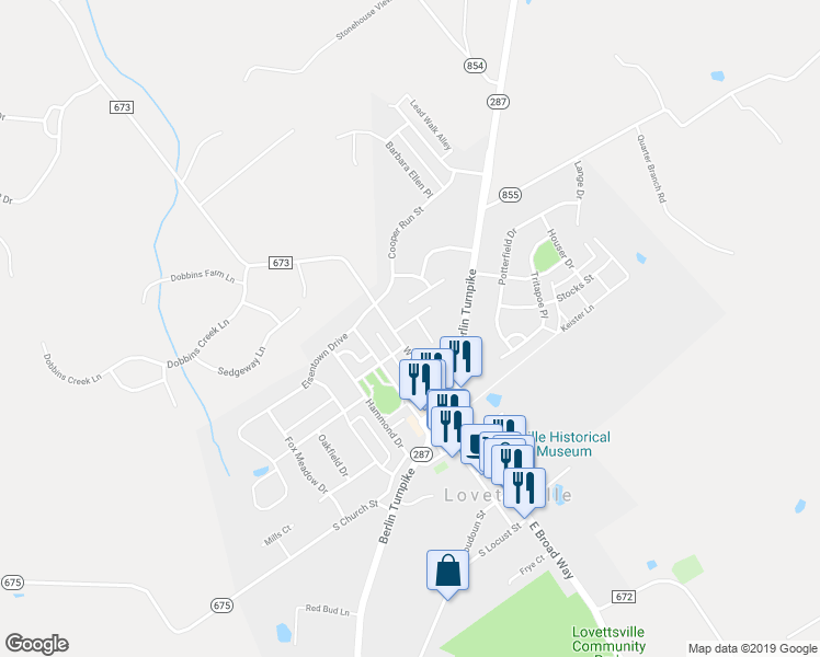 map of restaurants, bars, coffee shops, grocery stores, and more near 4 Daniel Keys Lane in Lovettsville