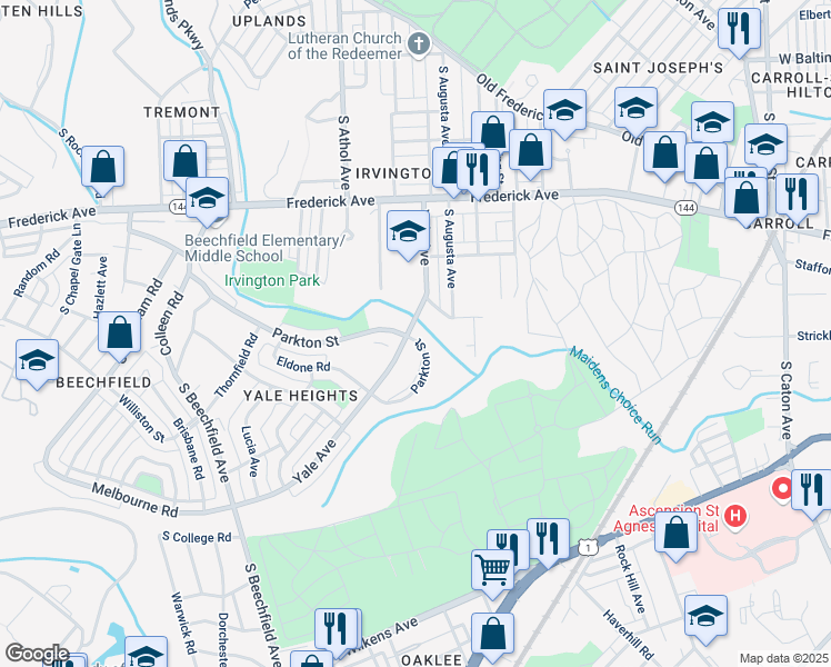 map of restaurants, bars, coffee shops, grocery stores, and more near 4242 Parkton Street in Baltimore