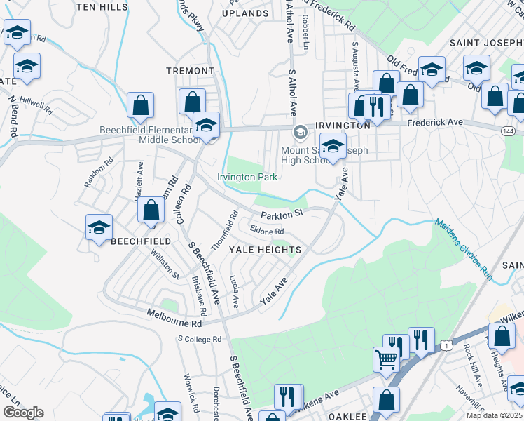 map of restaurants, bars, coffee shops, grocery stores, and more near 4416 Parkton Street in Baltimore