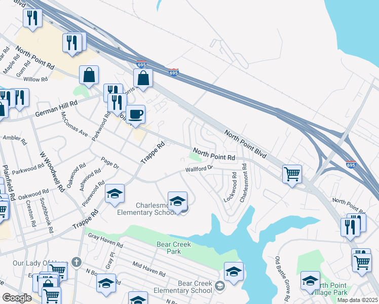 map of restaurants, bars, coffee shops, grocery stores, and more near 3209 North Point Road in Dundalk